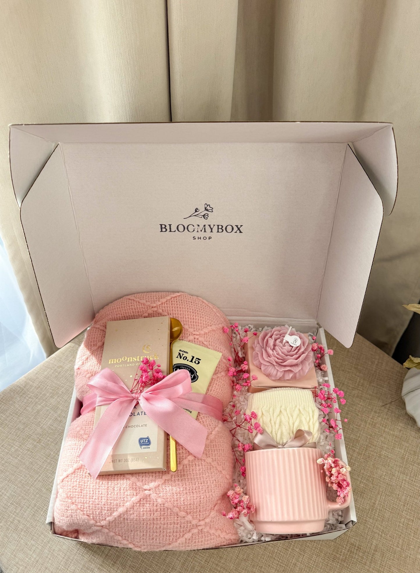 Cozy Gift Box for Women | Self Care Package with Knit Blanket, Scented Candle, Mug & Chocolate — Ready to Gift - BloomyBoxShop