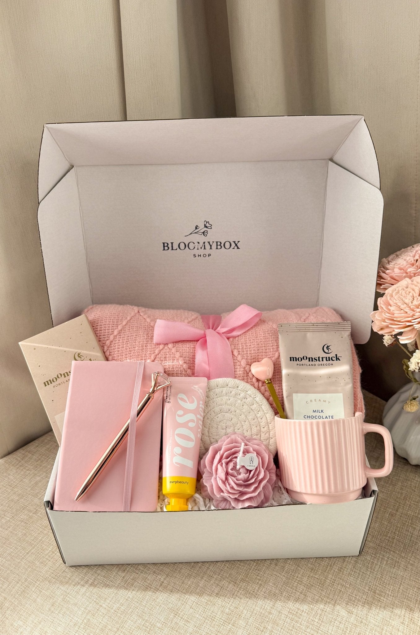 Luxury Self-Care & Relaxation Gift Box for Her – Cozy Spa Set with Hot Chocolate, Blanket & Rose Candle| Blush Bloom - BloomyBoxShop