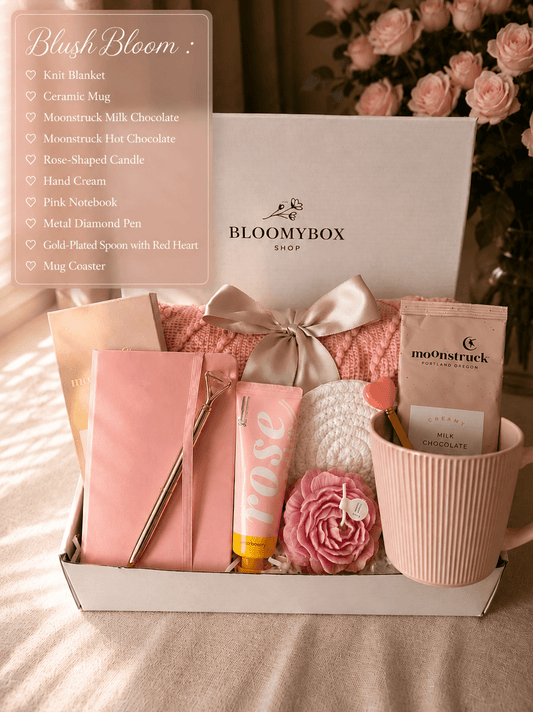 Luxury Self - Care & Relaxation Gift Box for Her β Cozy Spa Set with Hot Chocolate, Blanket & Rose Candle| Blush Bloom - BloomyBoxShop