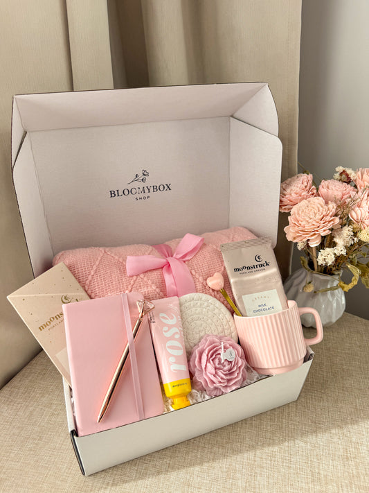 Luxury Self-Care & Relaxation Gift Box for Her – Cozy Spa Set with Hot Chocolate, Blanket & Rose Candle| Blush Bloom