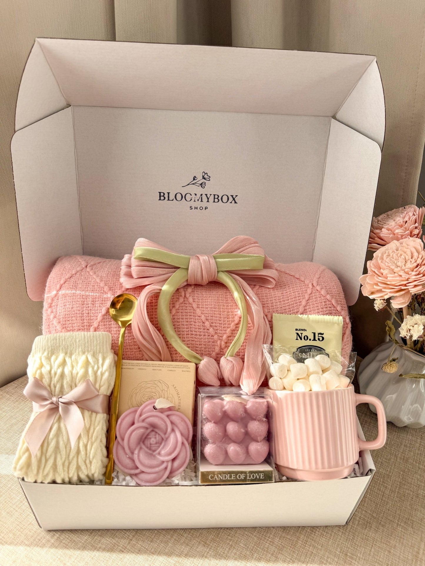 Blush Gift Box for Women |Care Package with Knit Blanket, Satin Hair Clip, Rose Candle, Heart Candles, Premium Tea, Socks & Pink Mug — Ready to Gift - BloomyBoxShop