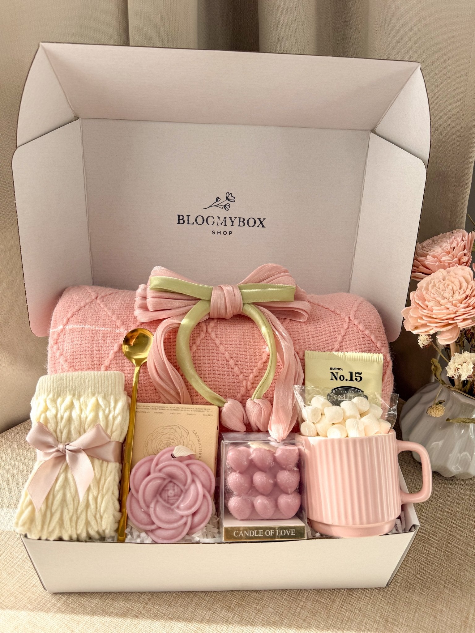 Blush Gift Box for Women |Care Package with Knit Blanket, Satin Hair Clip, Rose Candle, Heart Candles, Premium Tea, Socks & Pink Mug — Ready to Gift - BloomyBoxShop