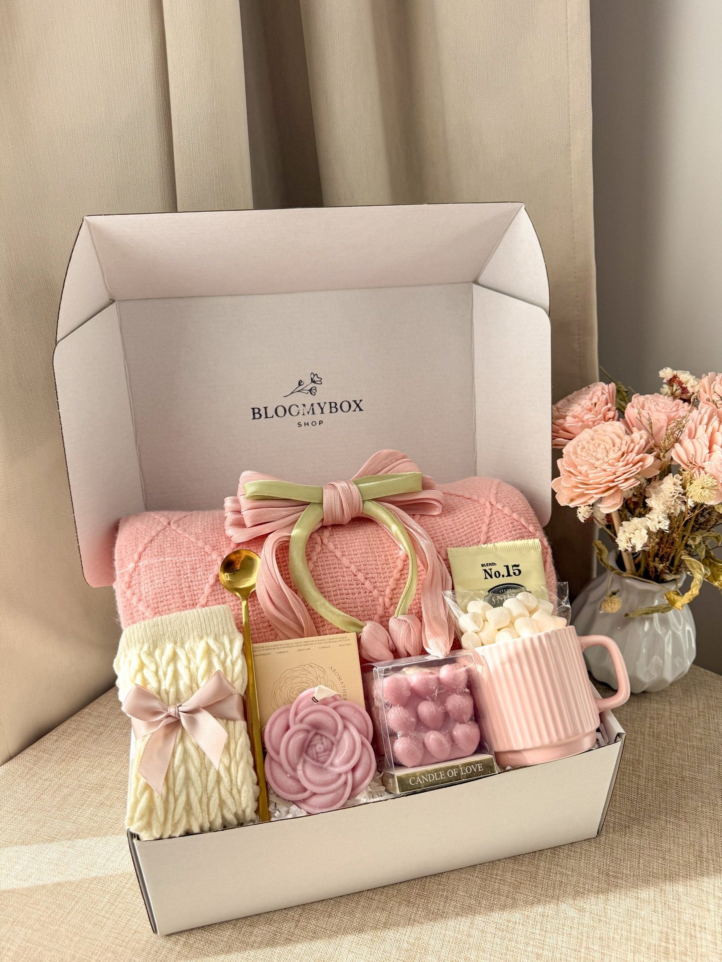 Blush Gift Box for Women |Care Package with Knit Blanket, Satin Hair Clip, Rose Candle, Heart Candles, Premium Tea, Socks & Pink Mug — Ready to Gift - BloomyBoxShop