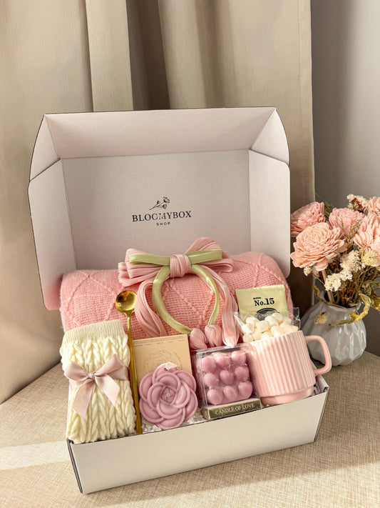 Blush Gift Box for Women |Care Package with Knit Blanket, Satin Hair Clip, Rose Candle, Heart Candles, Premium Tea, Socks & Pink Mug — Ready to Gift - BloomyBoxShop