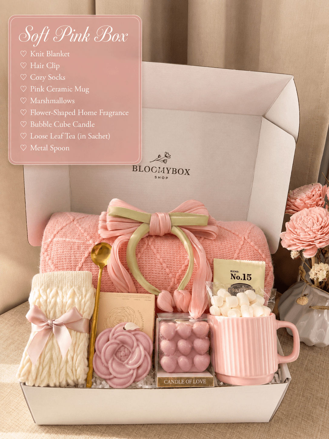 Blush Gift Box for Women |Care Package with Knit Blanket, Satin Hair Clip, Rose Candle, Heart Candles, Premium Tea, Socks & Pink Mug — Ready to Gift - BloomyBoxShop