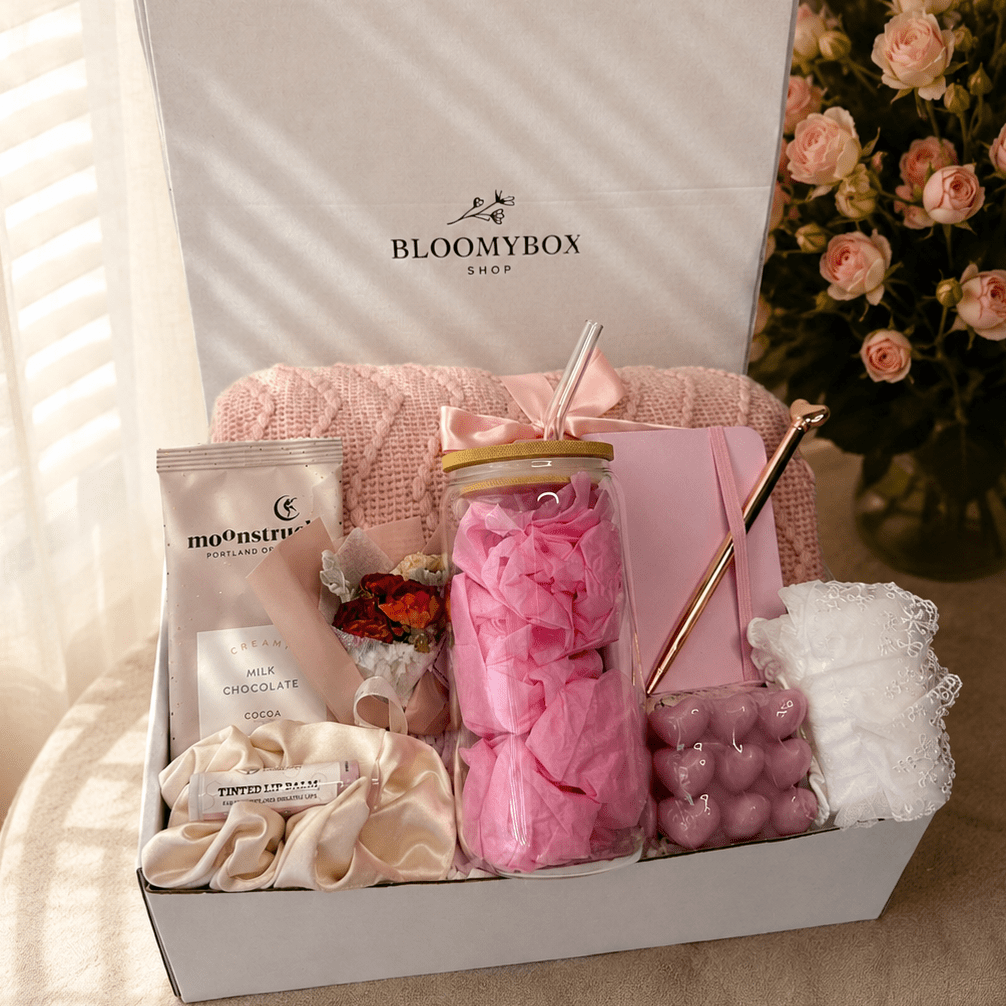 Blush Pink Gift Box for Women | Cozy Care Package with Knit Blanket, Hot Chocolate, Heart Candle, Silk Scrunchie & Lip Balm — Ready to Gift - BloomyBoxShop