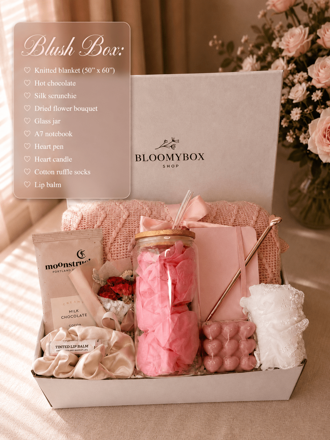Blush Pink Gift Box for Women | Cozy Care Package with Knit Blanket, Hot Chocolate, Heart Candle, Silk Scrunchie & Lip Balm — Ready to Gift - BloomyBoxShop