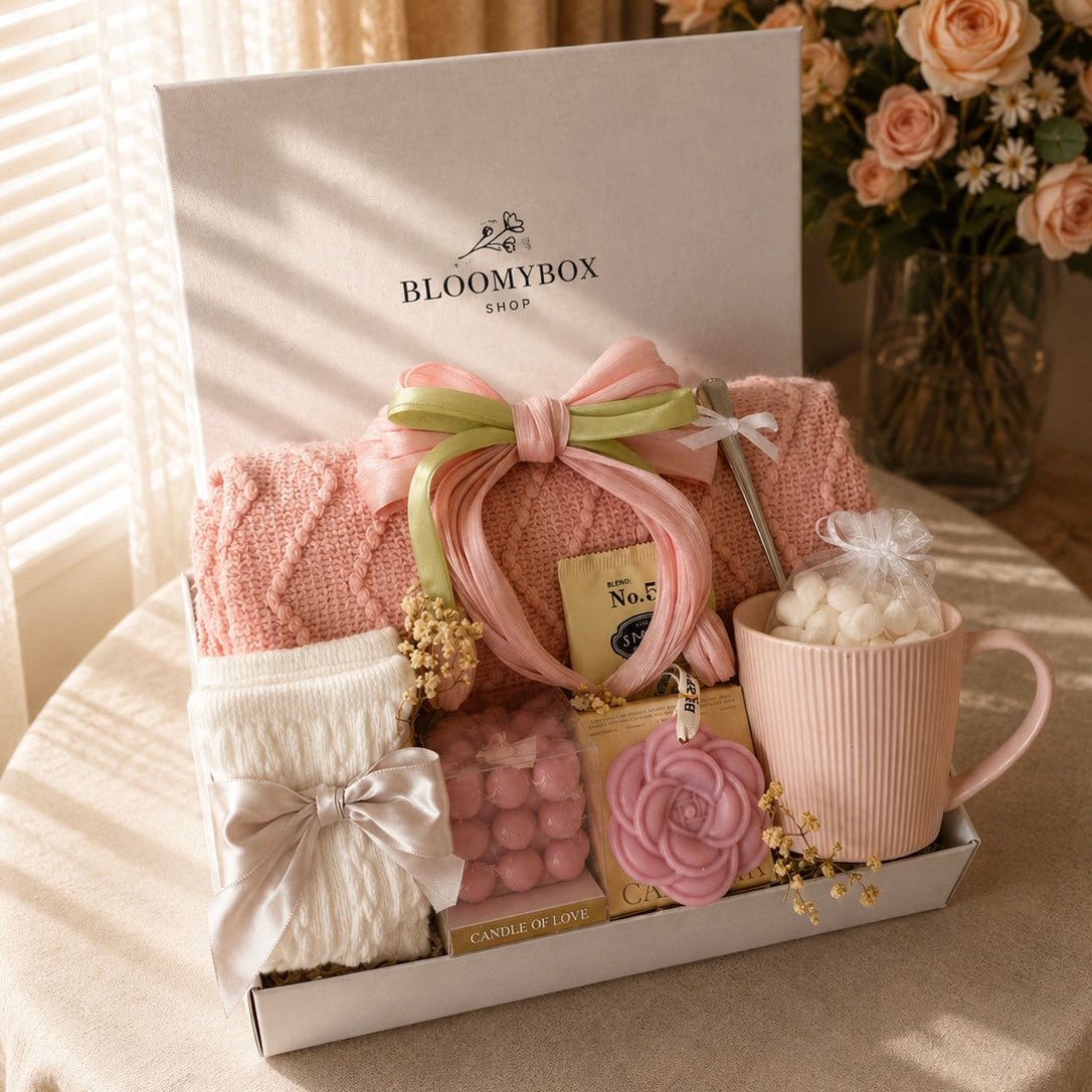 Blush Pink Gift Box for Women | Cozy Care Package with Knit Blanket, Satin Hair Clip, Rose Candle, Heart Candles, Premium Tea, Socks & Pink Mug — Ready to Gift - BloomyBoxShop