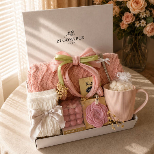 Blush Pink Gift Box for Women | Cozy Care Package with Knit Blanket, Satin Hair Clip, Rose Candle, Heart Candles, Premium Tea, Socks & Pink Mug — Ready to Gift - BloomyBoxShop