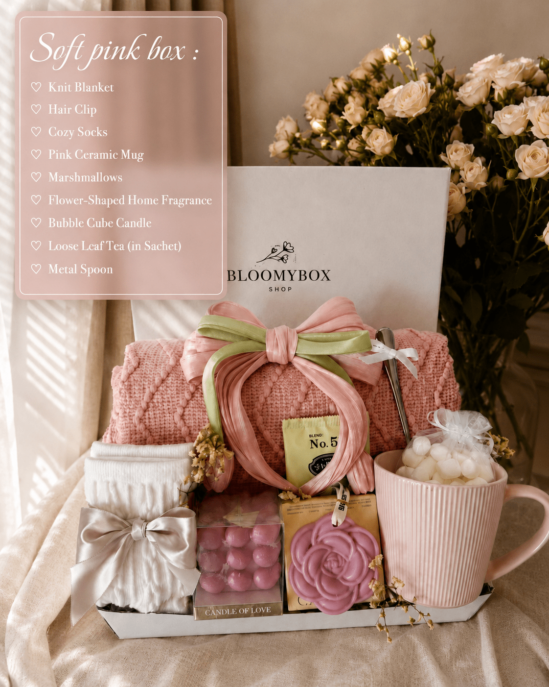 Blush Pink Gift Box for Women | Cozy Care Package with Knit Blanket, Satin Hair Clip, Rose Candle, Heart Candles, Premium Tea, Socks & Pink Mug — Ready to Gift - BloomyBoxShop