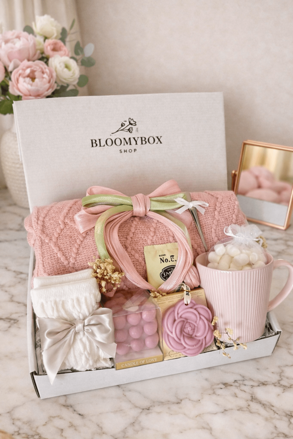 Blush Pink Gift Box for Women | Cozy Care Package with Knit Blanket, Satin Hair Clip, Rose Candle, Heart Candles, Premium Tea, Socks & Pink Mug — Ready to Gift - BloomyBoxShop
