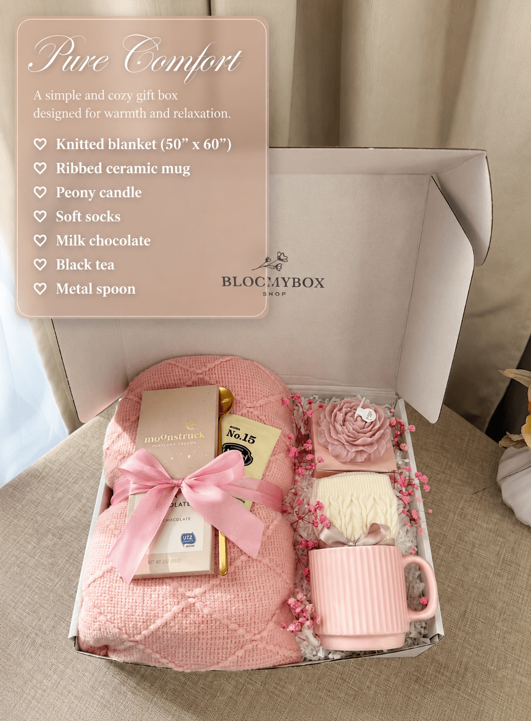 Cozy Gift Box for Women | Self Care Package with Knit Blanket, Scented Candle, Mug & Chocolate — Ready to Gift - BloomyBoxShop
