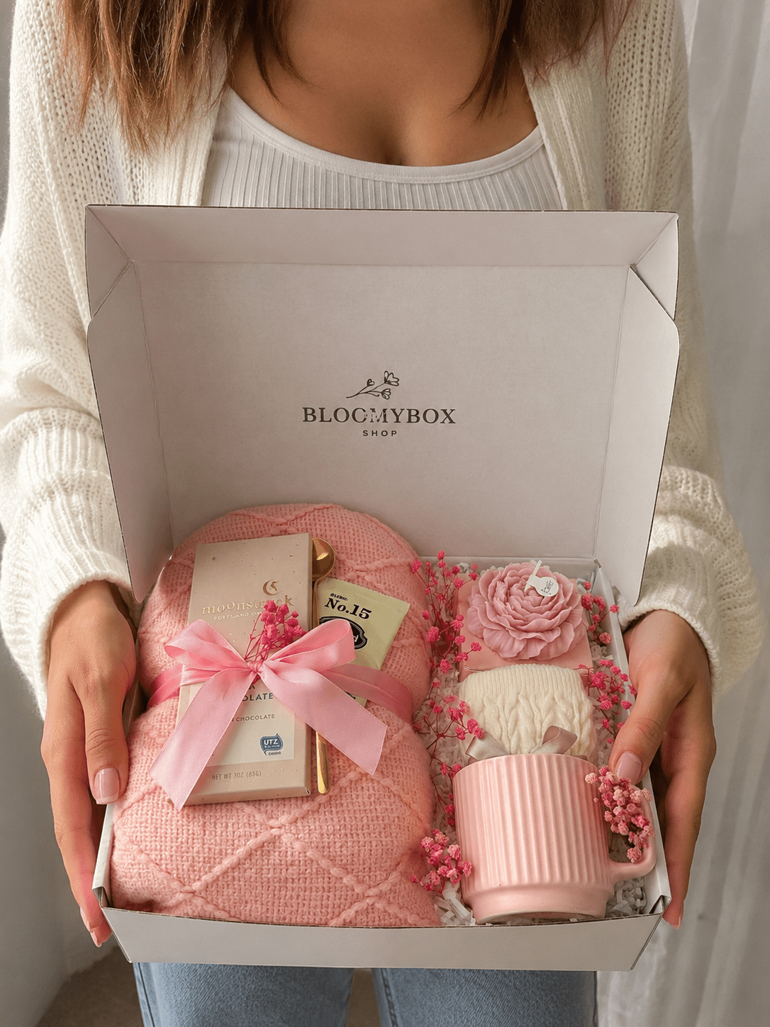 Cozy Gift Box for Women | Self Care Package with Knit Blanket, Scented Candle, Mug & Chocolate — Ready to Gift - BloomyBoxShop