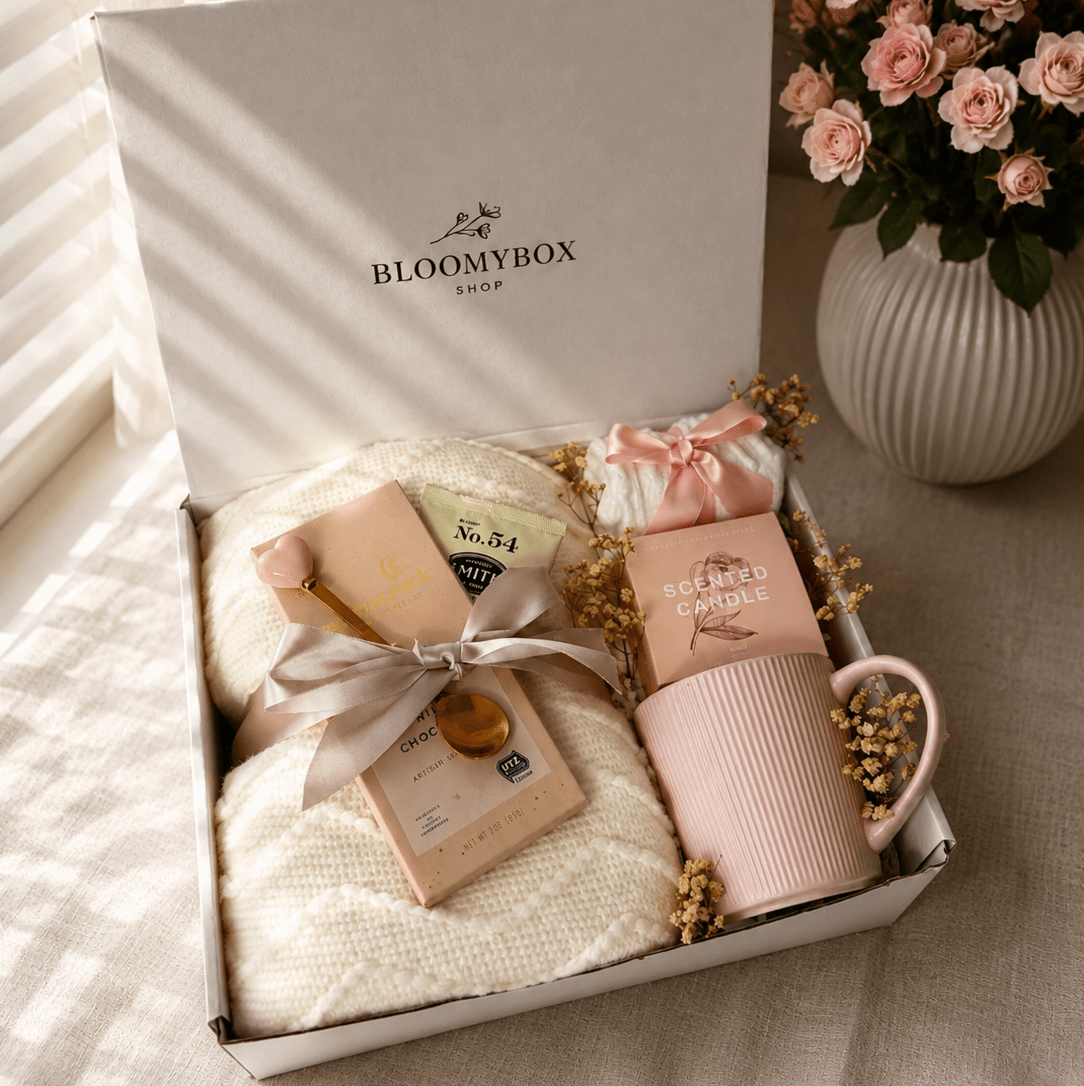 Cozy Gift Box for Women | Self Care Package with Knit Blanket, Scented Candle, Mug & Chocolate — Ready to Gift - BloomyBoxShop