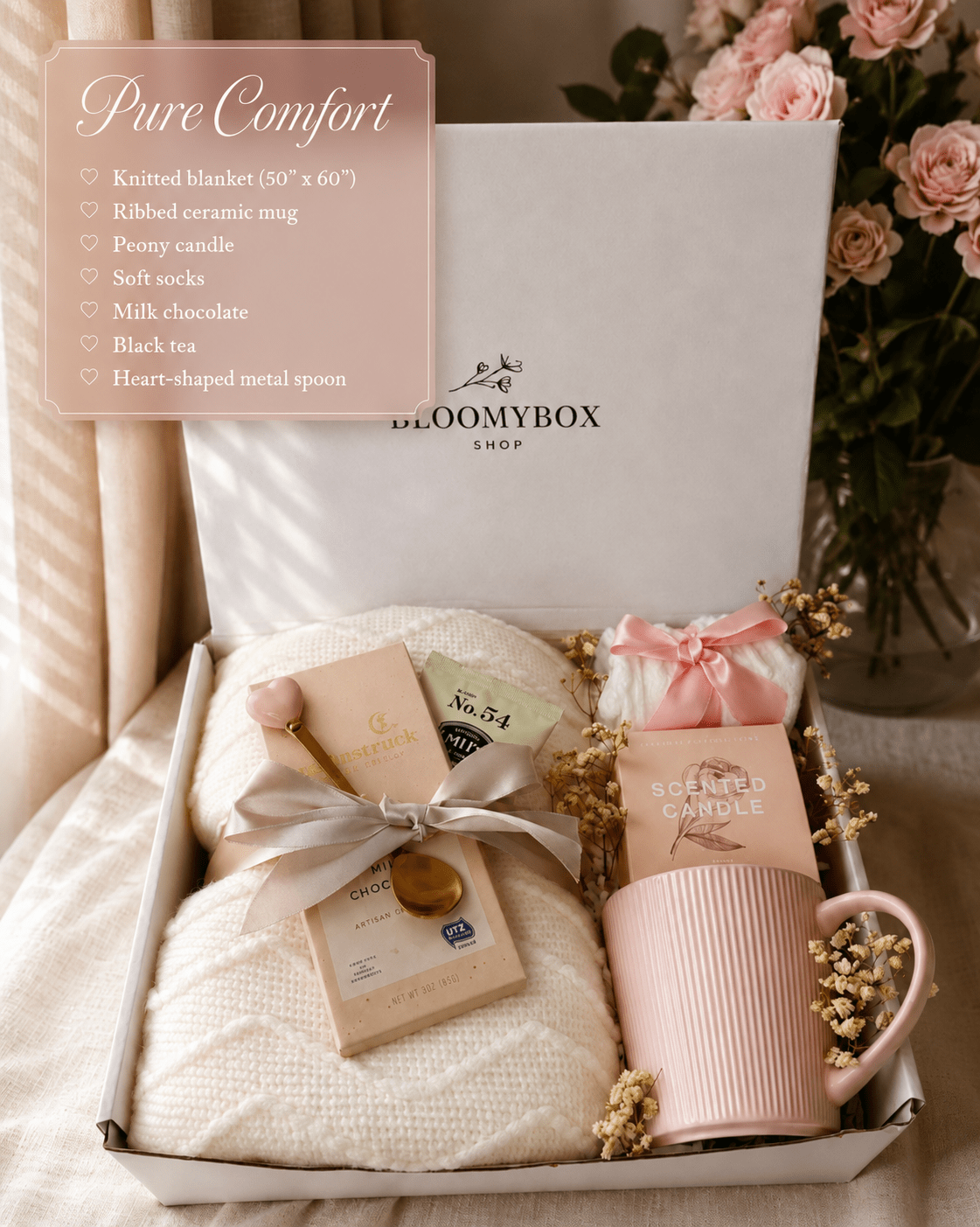Cozy Gift Box for Women | Self Care Package with Knit Blanket, Scented Candle, Mug & Chocolate — Ready to Gift - BloomyBoxShop