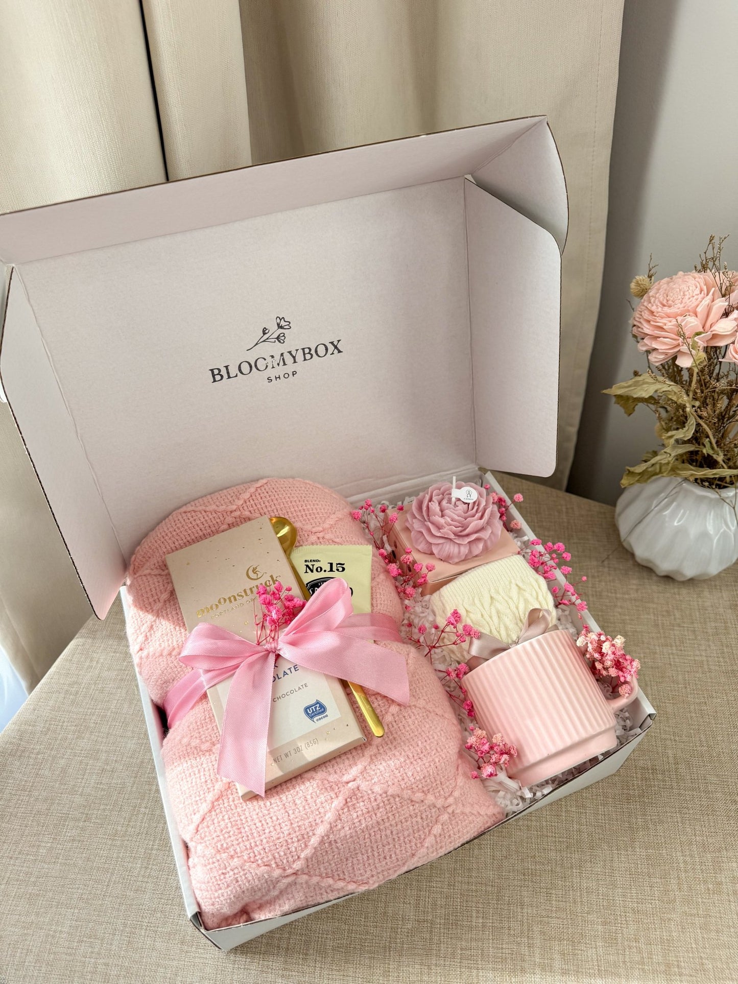 Cozy Gift Box for Women | Self Care Package with Knit Blanket, Scented Candle, Mug & Chocolate — Ready to Gift - BloomyBoxShop