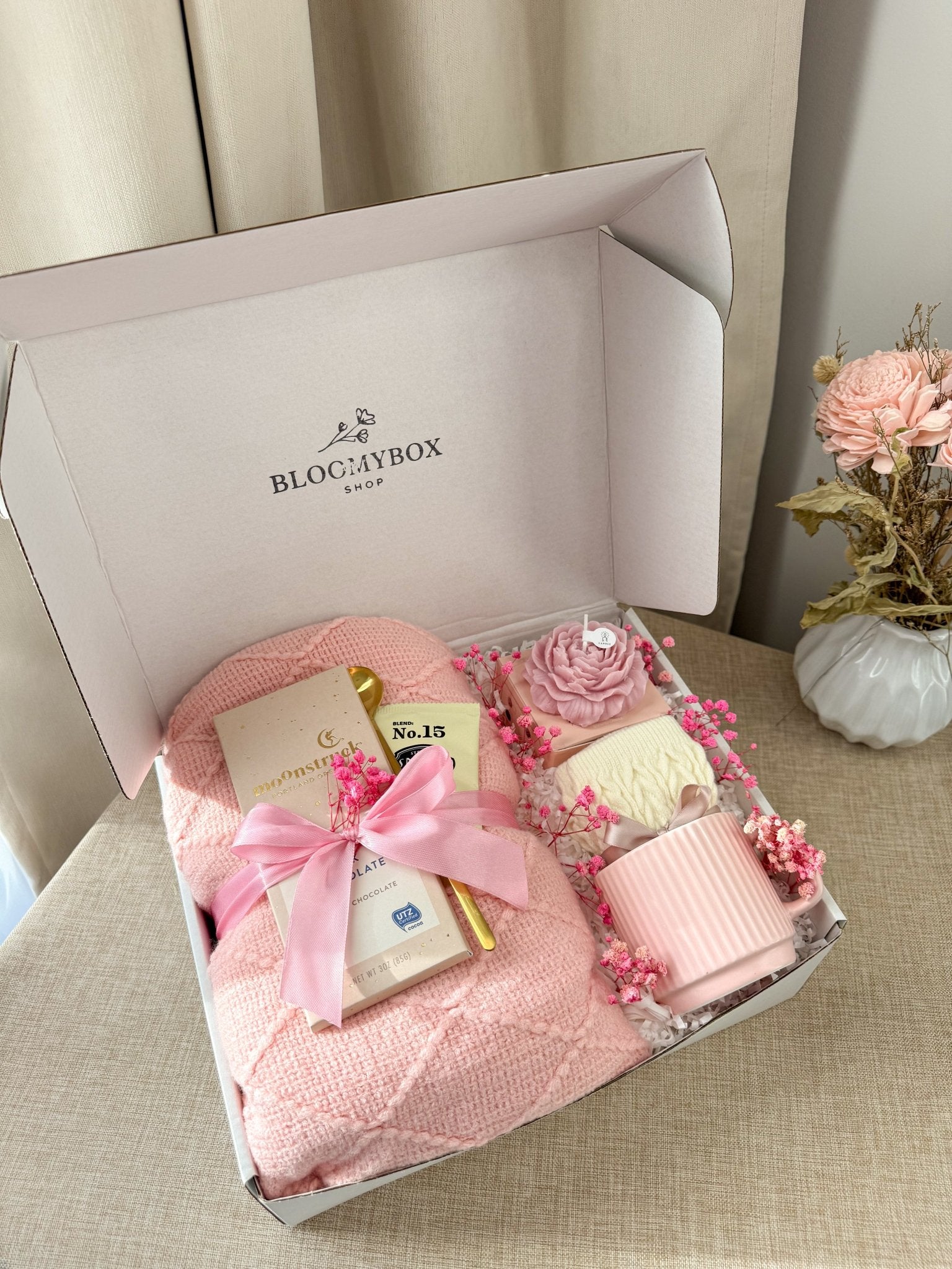 Cozy Gift Box for Women | Self Care Package with Knit Blanket, Scented Candle, Mug & Chocolate — Ready to Gift - BloomyBoxShop