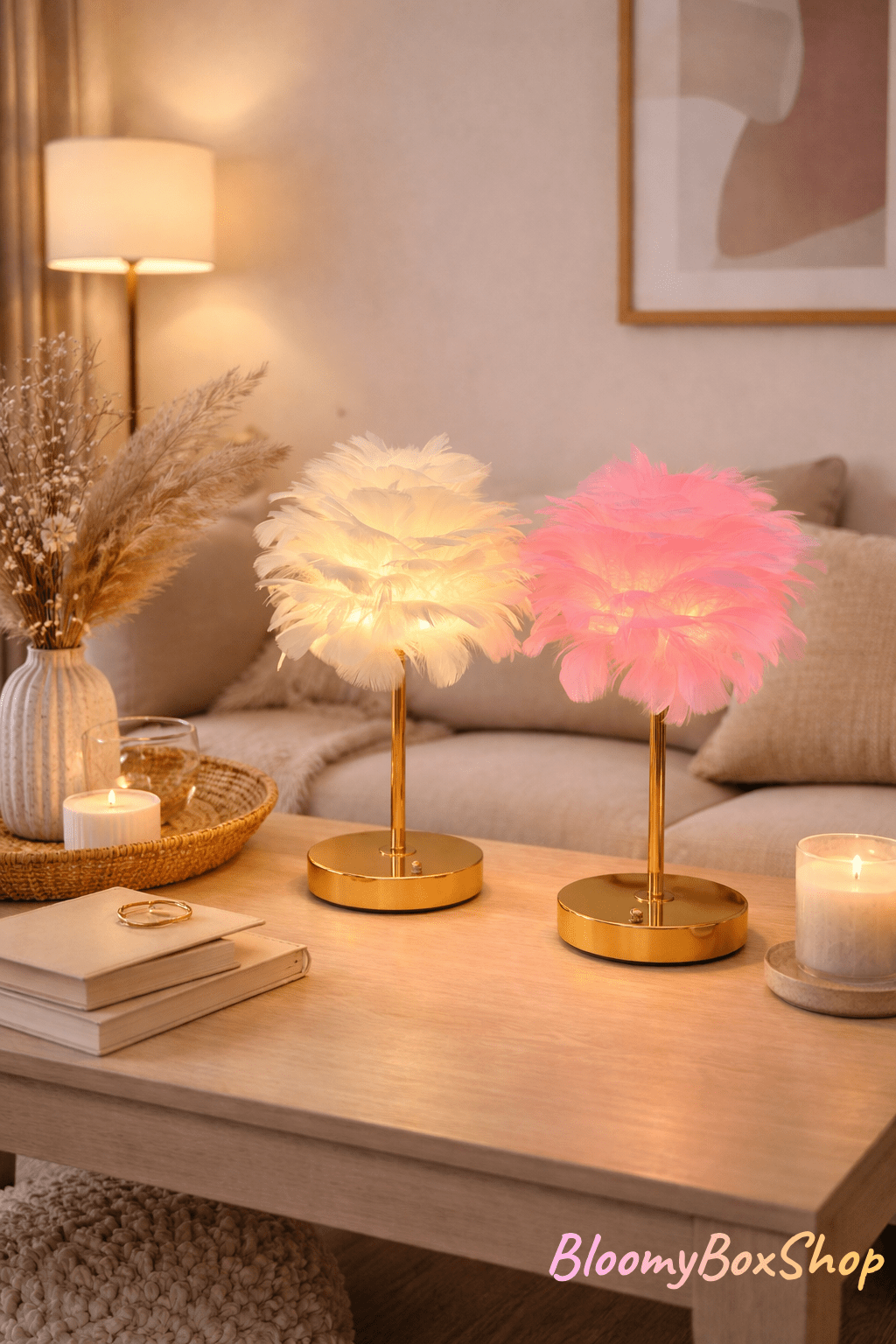 Feather Table Lamp - Romantic Bedside Accent Light - BloomyBoxShop