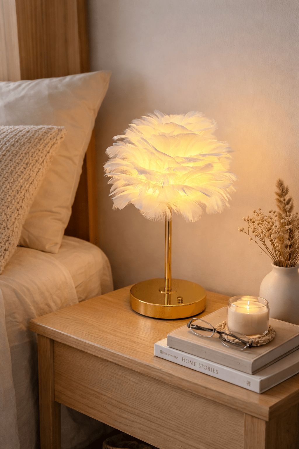 Feather Table Lamp - Romantic Bedside Accent Light - BloomyBoxShop