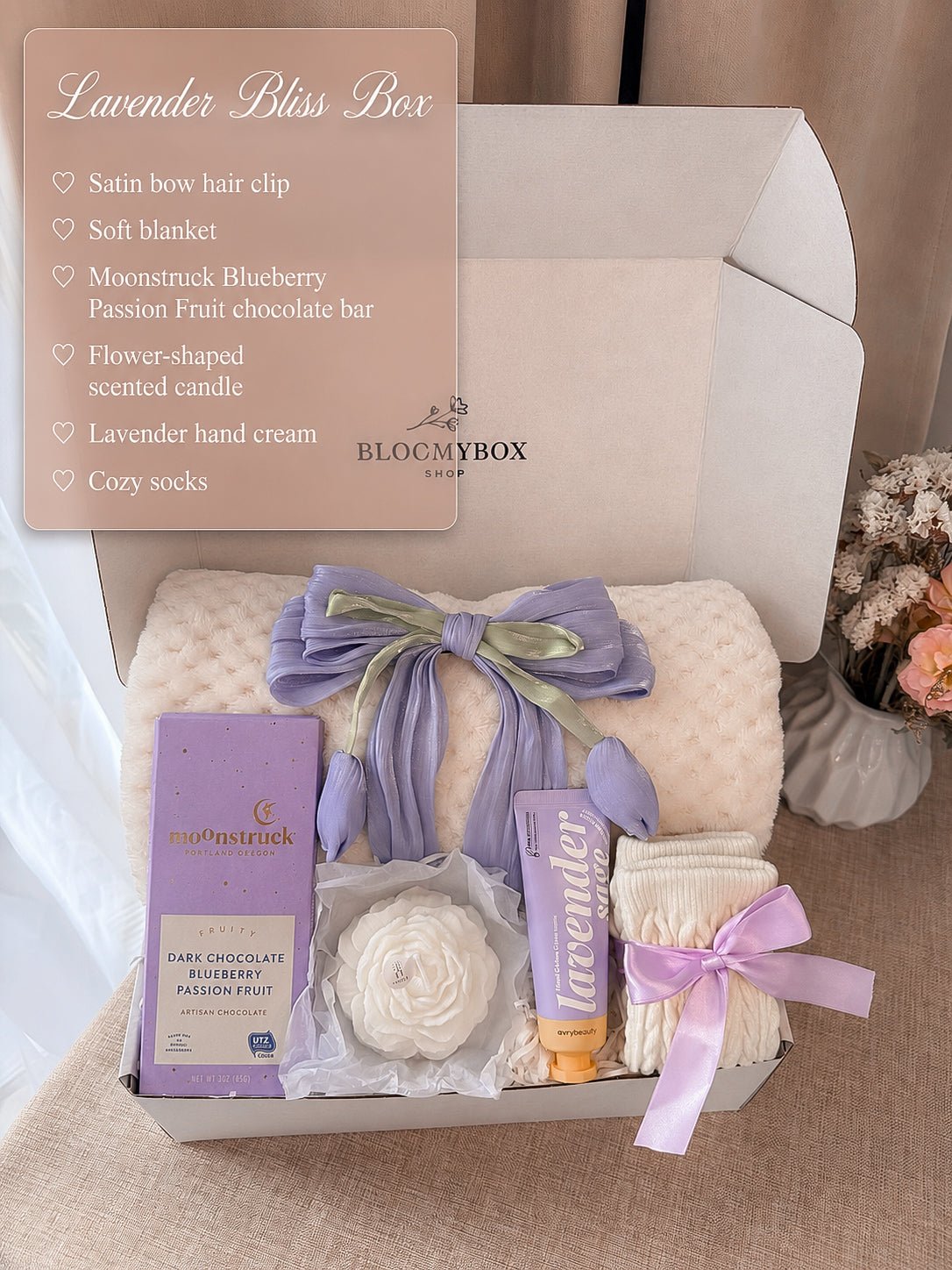 Lavender Gift Box for Her, Self Care Box, Relaxation Gift Basket, Cozy Spa Gift, Purple Aesthetic Gift, Birthday Gift for Women - BloomyBoxShop