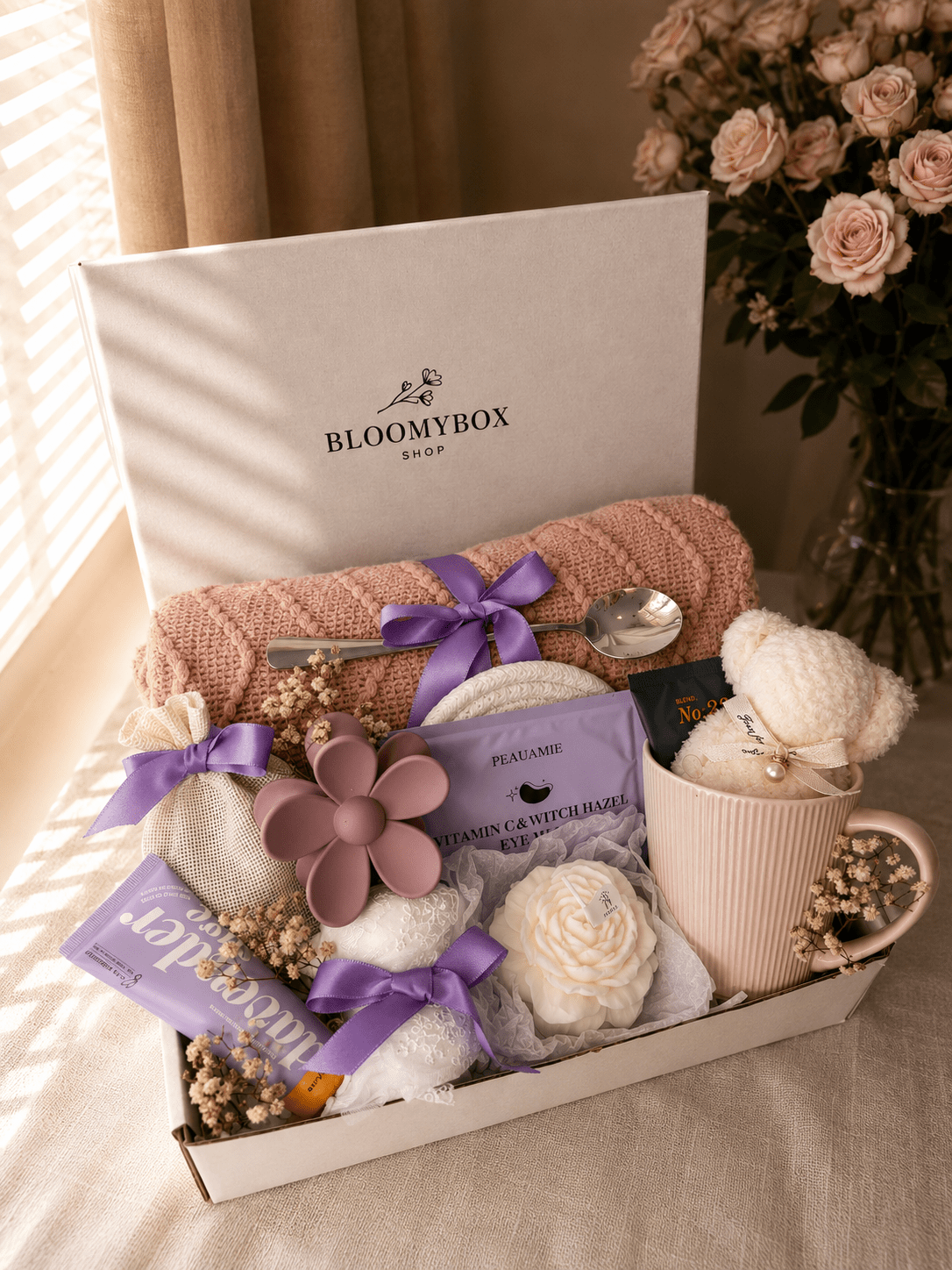 Lavender Self Care Gift Box for Women | Spa Package with Knit Blanket, Eye Mask, Rose Candle, Plush Bear & Pink Mug — Ready to Gift - BloomyBoxShop