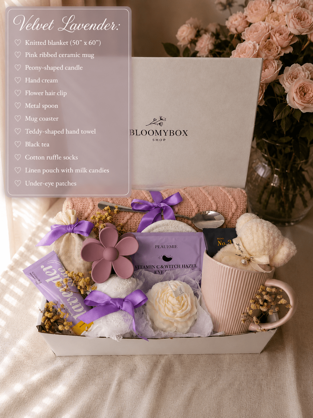 Lavender Self Care Gift Box for Women | Spa Package with Knit Blanket, Eye Mask, Rose Candle, Plush Bear & Pink Mug — Ready to Gift - BloomyBoxShop