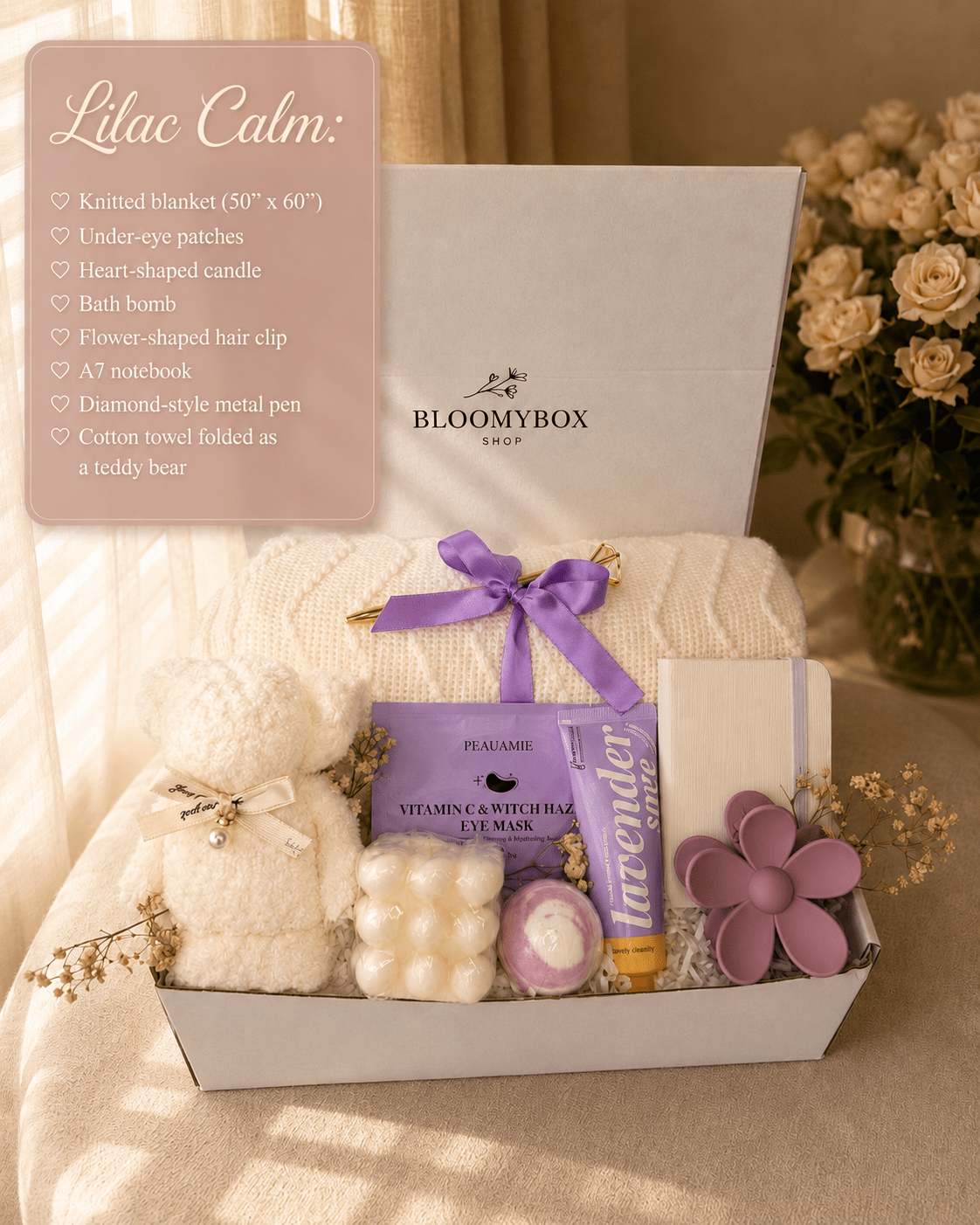 Lavender Spa Gift Box for Women | Self Care Package with Knit Blanket, Bath Bomb, Eye Mask, Candle & Journal — Ready to Gift - BloomyBoxShop