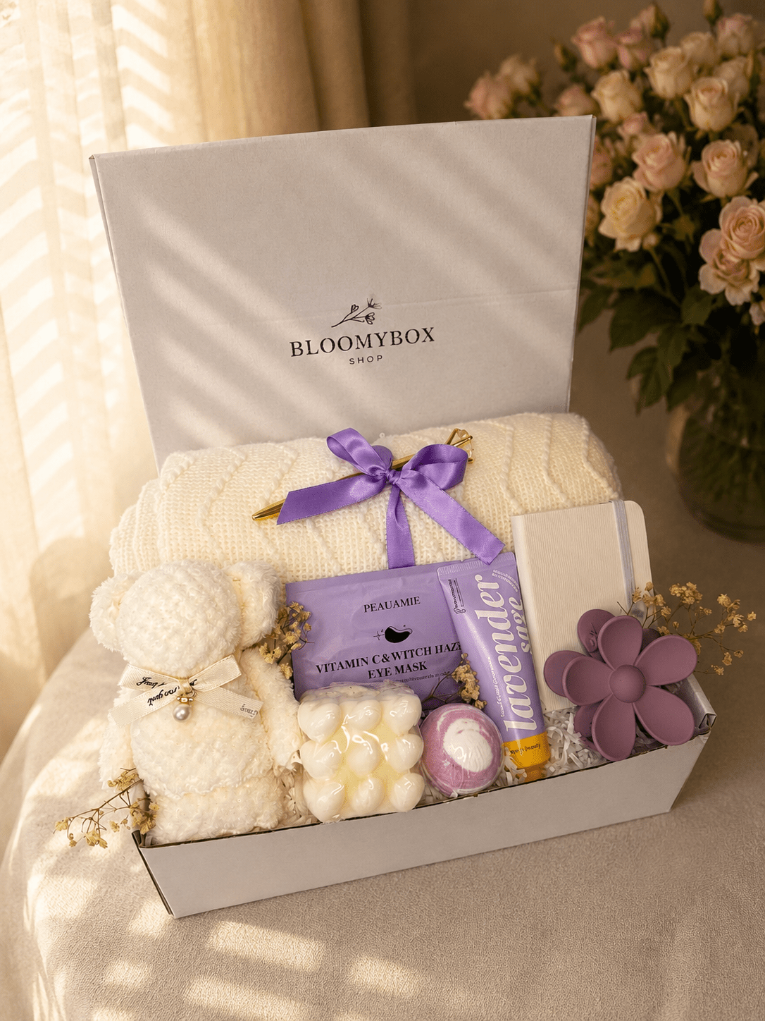 Lavender Spa Gift Box for Women | Self Care Package with Knit Blanket, Bath Bomb, Eye Mask, Candle & Journal — Ready to Gift - BloomyBoxShop