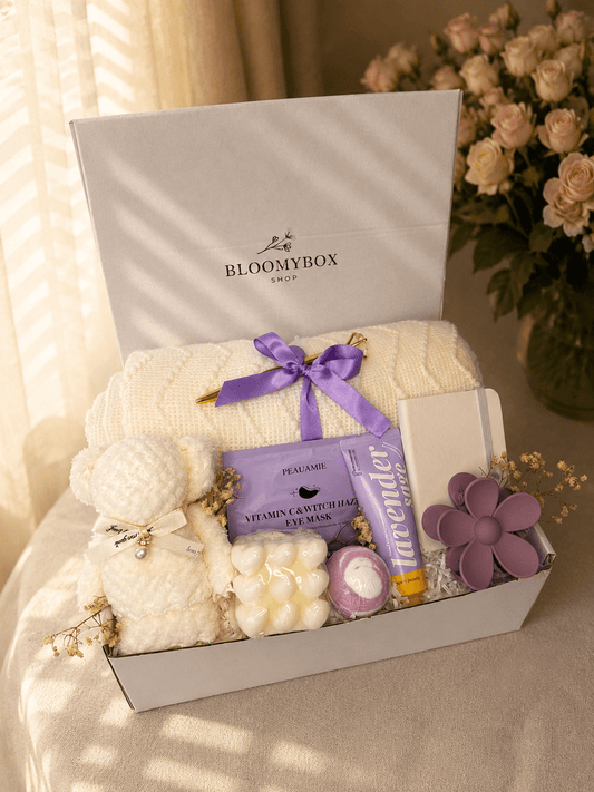Lavender Spa Gift Box for Women | Self Care Package with Knit Blanket, Bath Bomb, Eye Mask, Candle & Journal — Ready to Gift - BloomyBoxShop