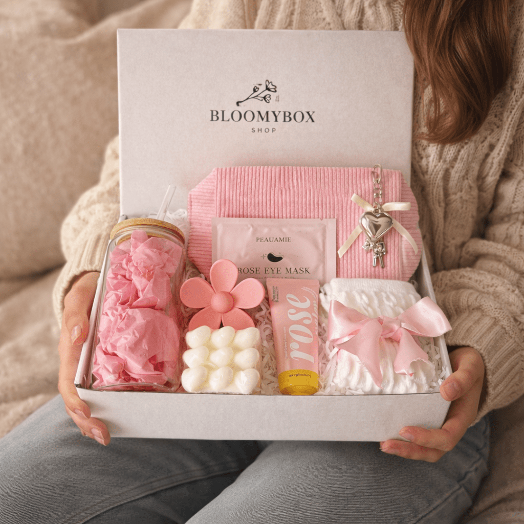 Luxury Pink Coquette Box for Her | Glass Tumbler, Rose Eye Mask, Hand Cream, Heart Candle & Heart Bag Charm - BloomyBoxShop