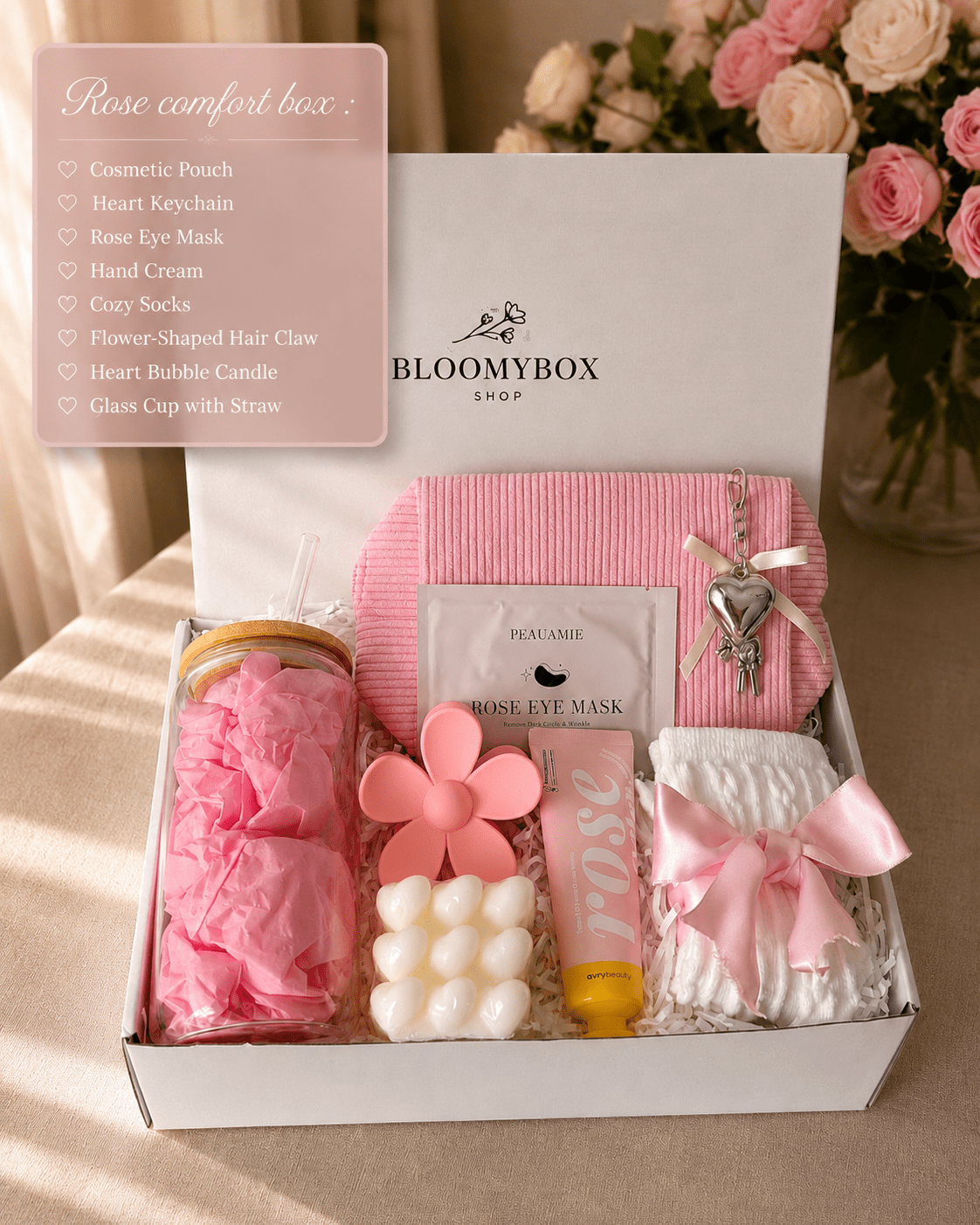Luxury Pink Coquette Box for Her | Glass Tumbler, Rose Eye Mask, Hand Cream, Heart Candle & Heart Bag Charm - BloomyBoxShop