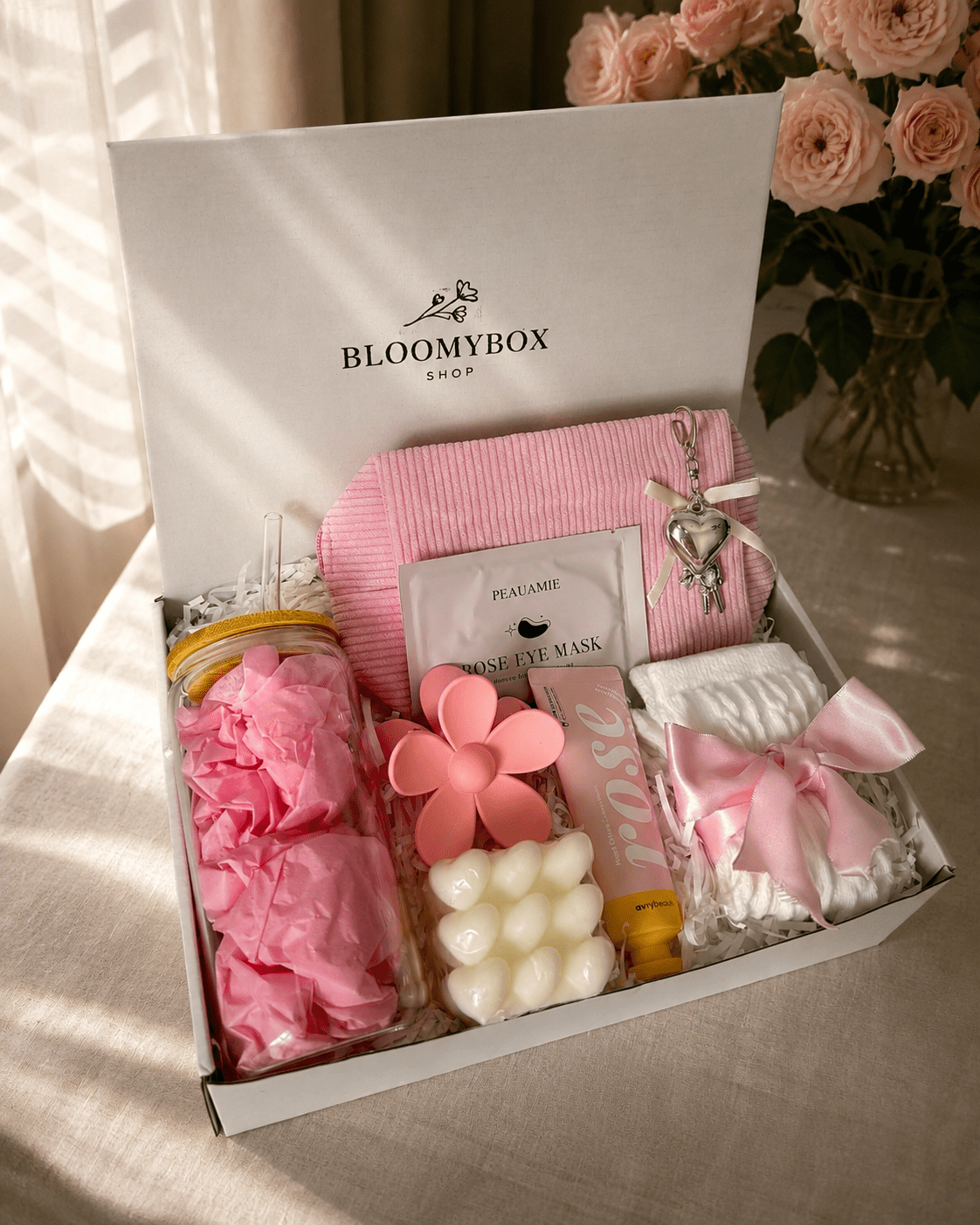 Luxury Pink Coquette Box for Her | Glass Tumbler, Rose Eye Mask, Hand Cream, Heart Candle & Heart Bag Charm - BloomyBoxShop