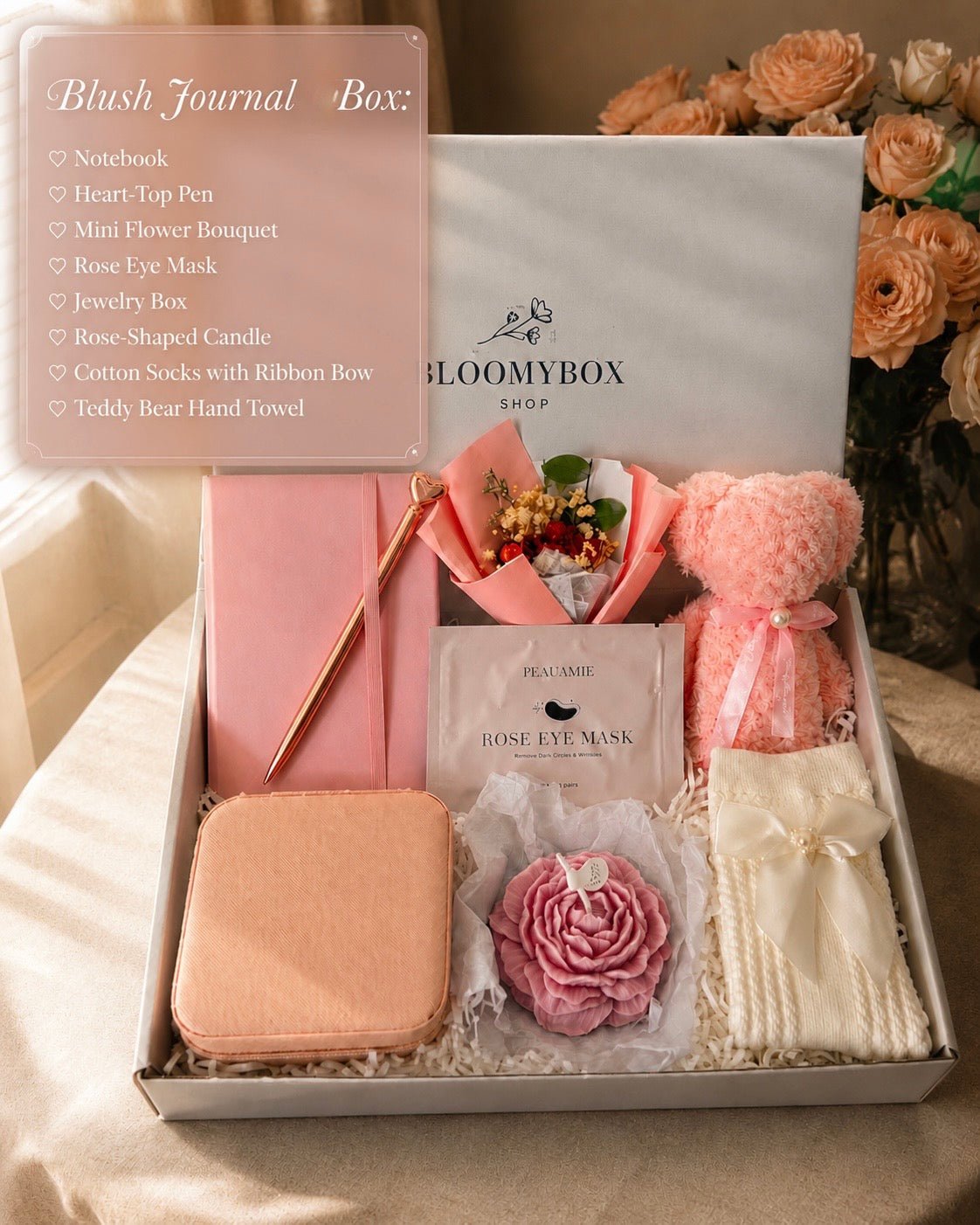 Luxury Rose Gift Box for Her | Plush Heart Bear, Rose Peony Candle, Eye Mask & Jewelry Organizer - BloomyBoxShop