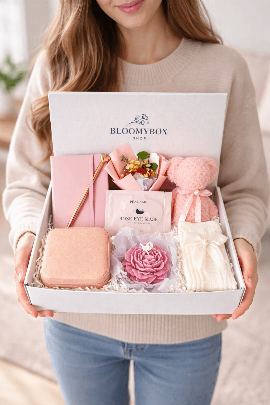 Luxury Rose Gift Box for Her | Plush Heart Bear, Rose Peony Candle, Eye Mask & Jewelry Organizer - BloomyBoxShop