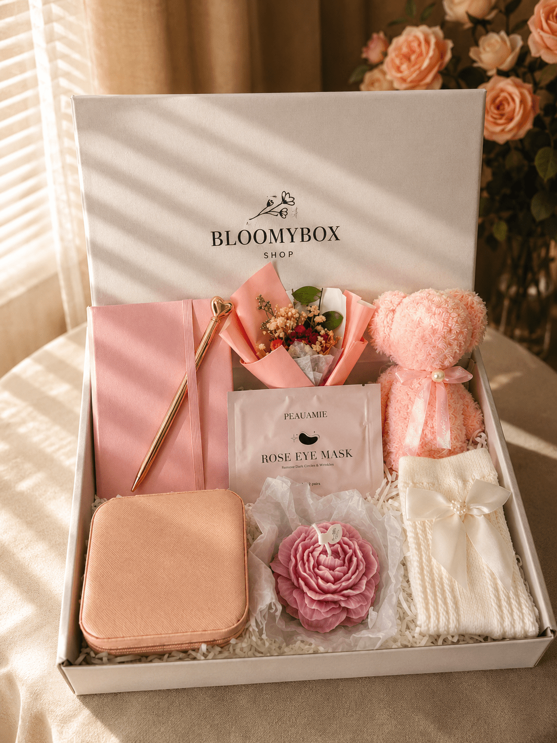 Luxury Rose Gift Box for Her | Plush Heart Bear, Rose Peony Candle, Eye Mask & Jewelry Organizer - BloomyBoxShop