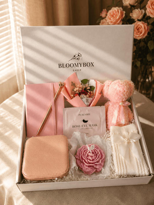 Luxury Rose Gift Box for Her | Plush Heart Bear, Rose Peony Candle, Eye Mask & Jewelry Organizer - BloomyBoxShop