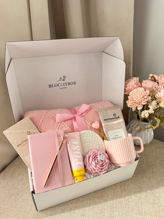 Luxury Self-Care & Relaxation Gift Box for Her – Cozy Spa Set with Hot Chocolate, Blanket & Rose Candle| Blush Bloom - BloomyBoxShop