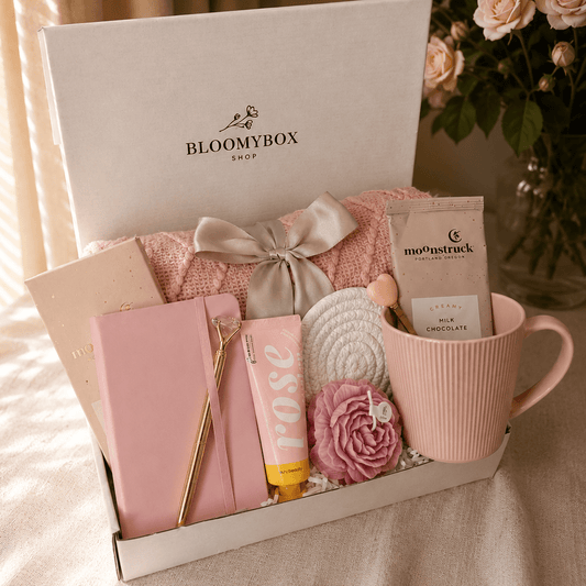 Luxury Self - Care & Relaxation Gift Box for Her – Cozy Spa Set with Hot Chocolate, Blanket & Rose Candle| Blush Bloom - BloomyBoxShop