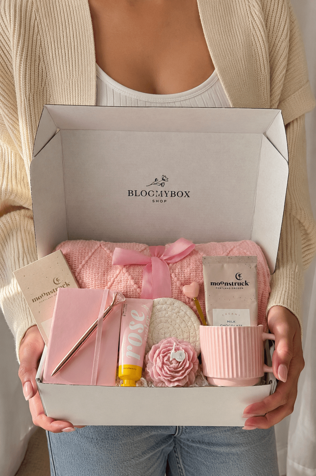 Luxury Self-Care & Relaxation Gift Box for Her – Cozy Spa Set with Hot Chocolate, Blanket & Rose Candle| Blush Bloom - BloomyBoxShop