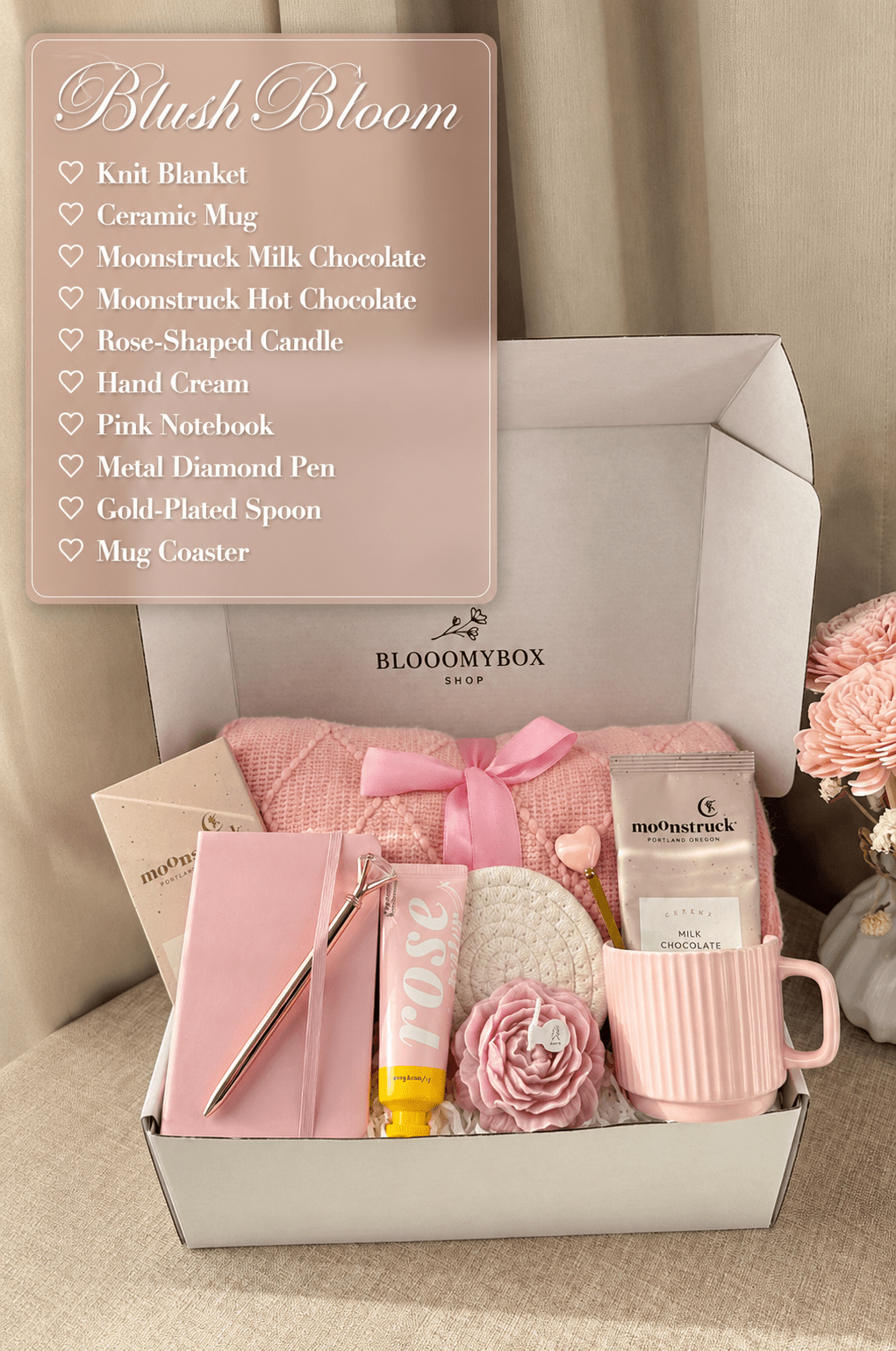 Luxury Self-Care & Relaxation Gift Box for Her – Cozy Spa Set with Hot Chocolate, Blanket & Rose Candle| Blush Bloom - BloomyBoxShop
