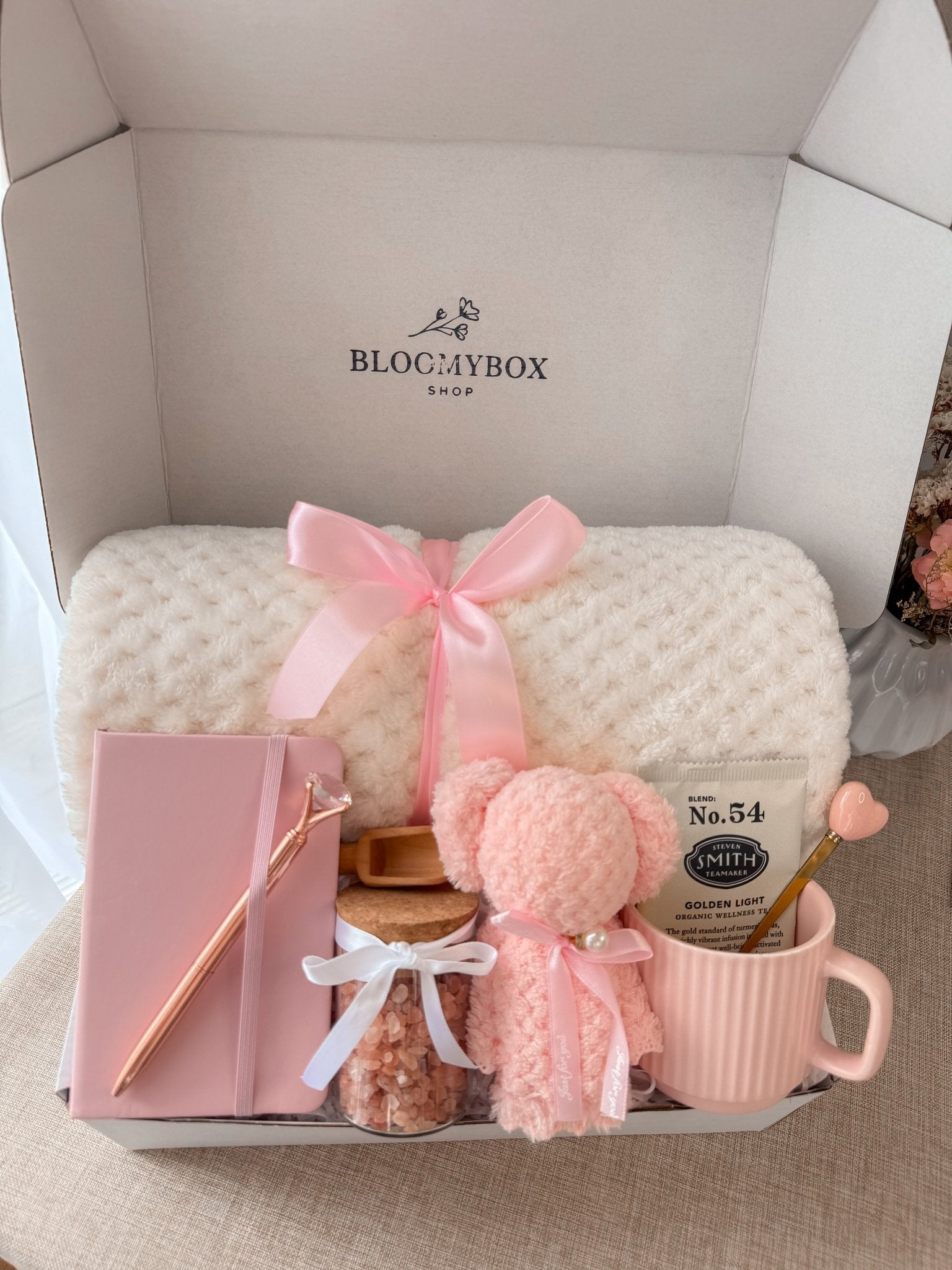 Pink Aesthetic Box,Peach Self Care Gift Box, Cozy Spa Gift Basket, Relaxation Gift for Her, Birthday Gift for Women - BloomyBoxShop