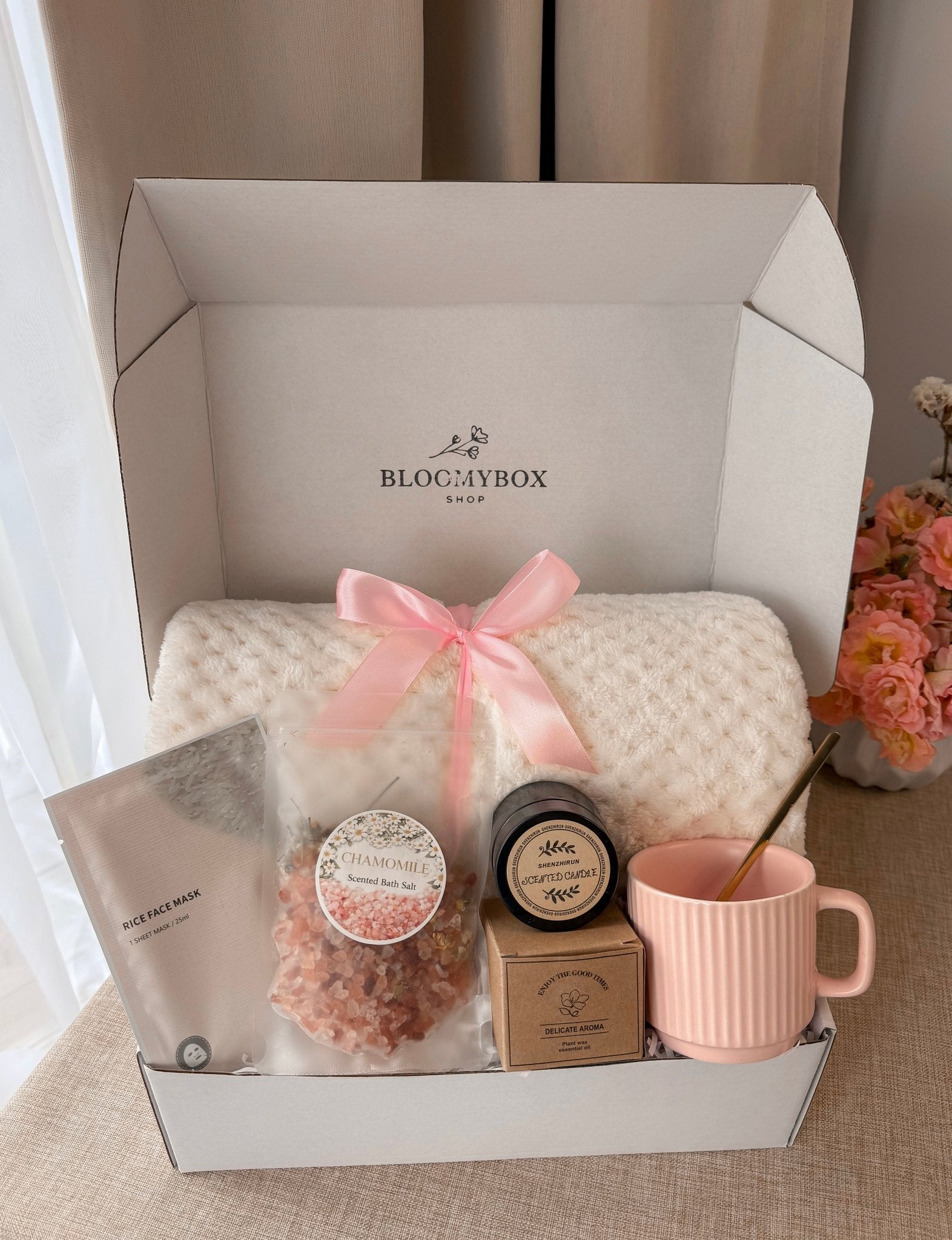 Pink Aesthetic Box,Peach Self Care Gift Box, Cozy Spa Gift Basket, Relaxation Gift for Her, Birthday Gift for Women - BloomyBoxShop