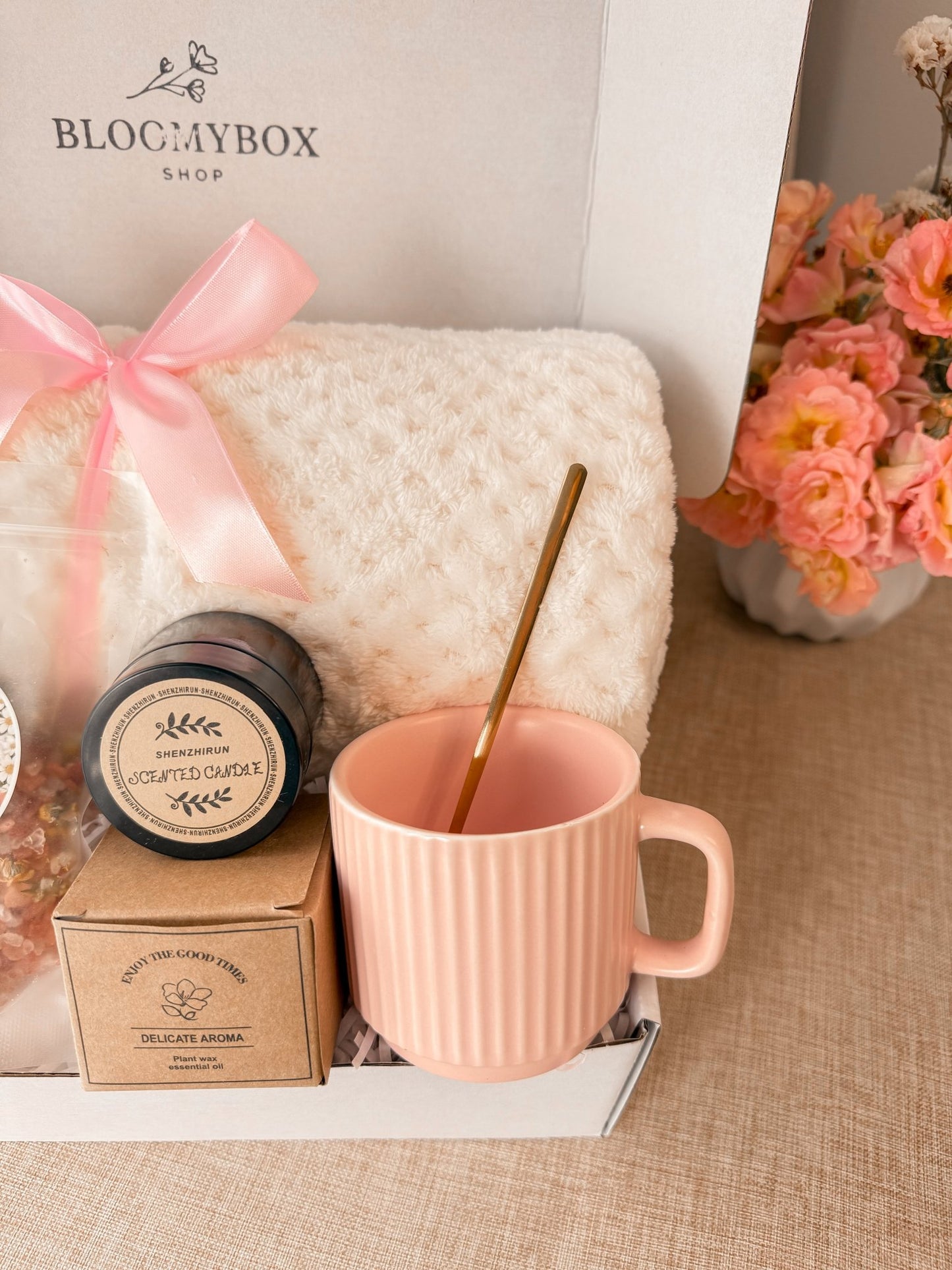 Pink Aesthetic Box,Peach Self Care Gift Box, Cozy Spa Gift Basket, Relaxation Gift for Her, Birthday Gift for Women - BloomyBoxShop