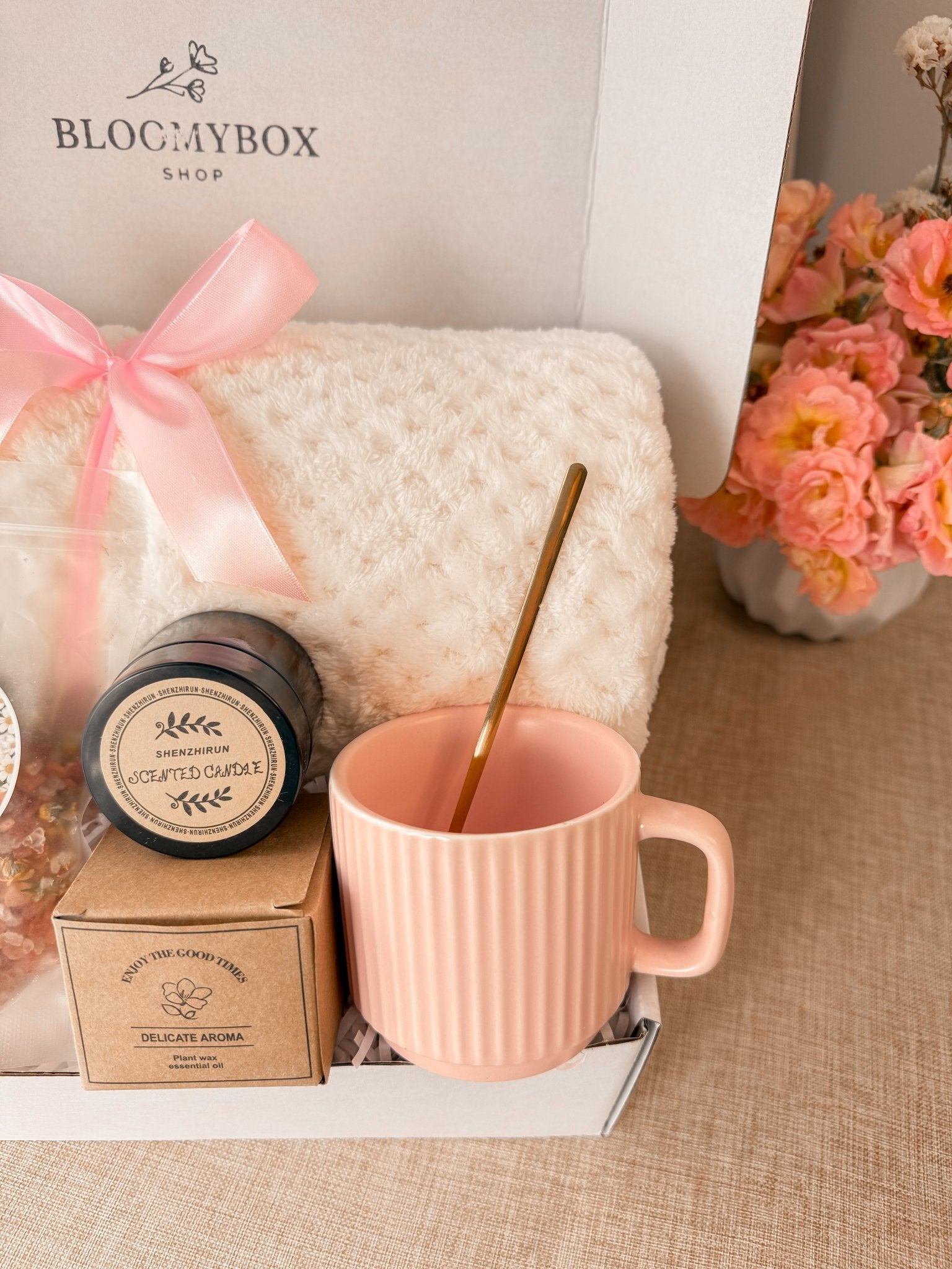 Pink Aesthetic Box,Peach Self Care Gift Box, Cozy Spa Gift Basket, Relaxation Gift for Her, Birthday Gift for Women - BloomyBoxShop