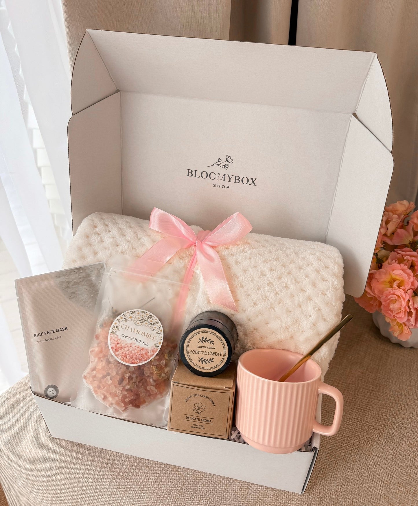 Pink Aesthetic Box,Peach Self Care Gift Box, Cozy Spa Gift Basket, Relaxation Gift for Her, Birthday Gift for Women - BloomyBoxShop