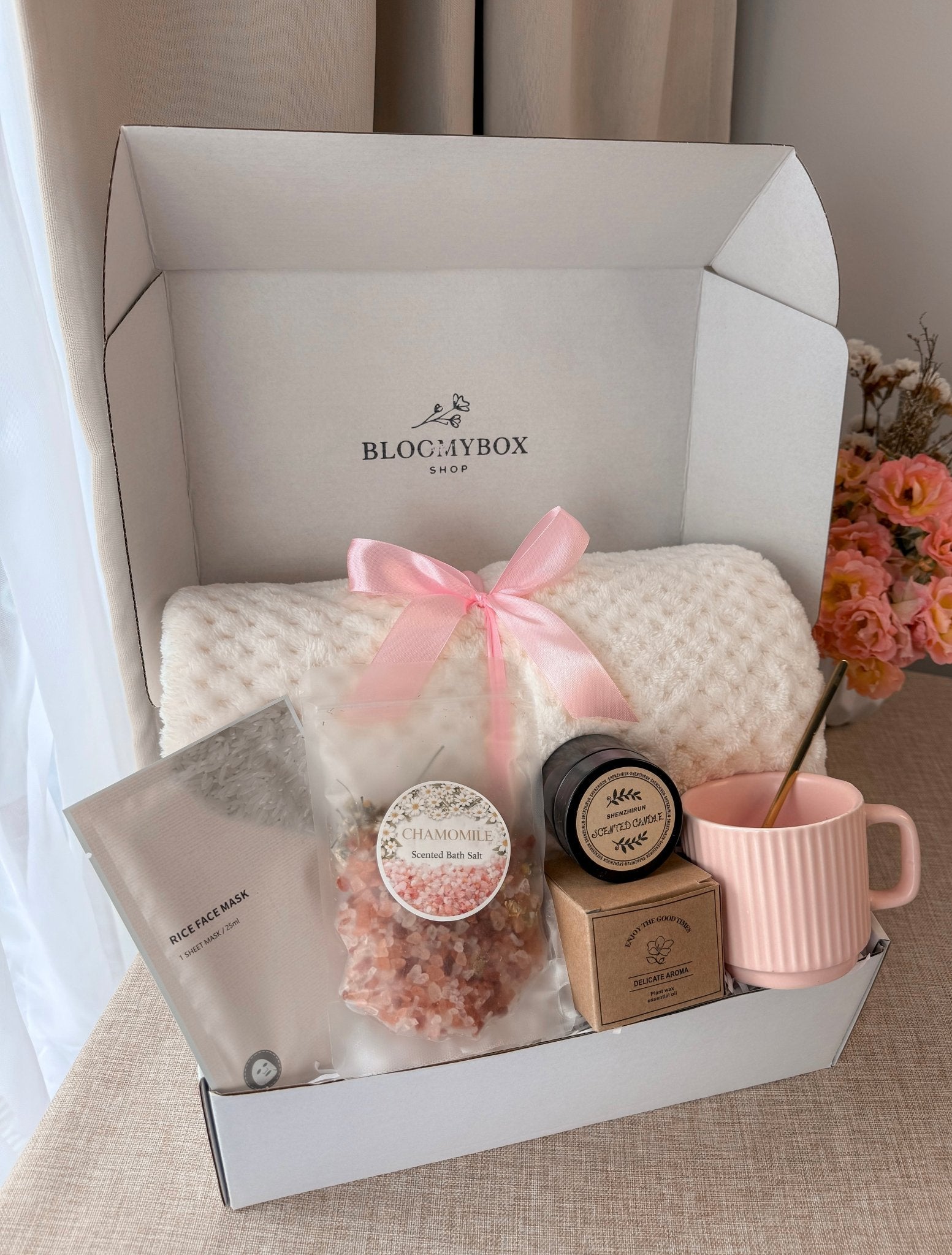 Pink Aesthetic Box,Peach Self Care Gift Box, Cozy Spa Gift Basket, Relaxation Gift for Her, Birthday Gift for Women - BloomyBoxShop