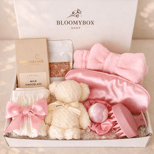Pink Spa Gift Box for Women | Self Care Package with Towel Bear, Silk Sleep Mask, Scalp Massager, Bath Bomb, Socks & Chocolate — Ready to Gift - BloomyBoxShop