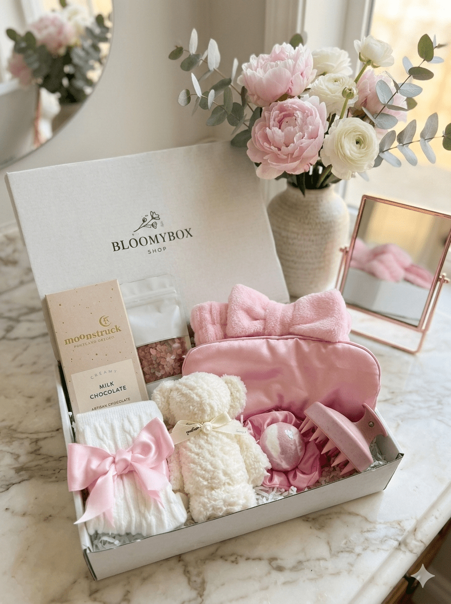 Pink Spa Gift Box for Women | Self Care Package with Towel Bear, Silk Sleep Mask, Scalp Massager, Bath Bomb, Socks & Chocolate — Ready to Gift - BloomyBoxShop