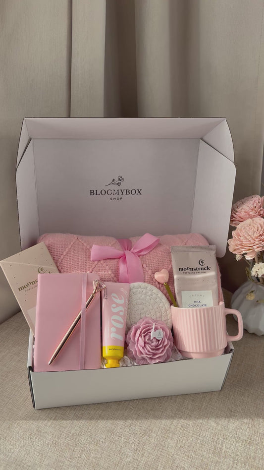 Luxury Self-Care & Relaxation Gift Box for Her – Cozy Spa Set with Hot Chocolate, Blanket & Rose Candle| Blush Bloom