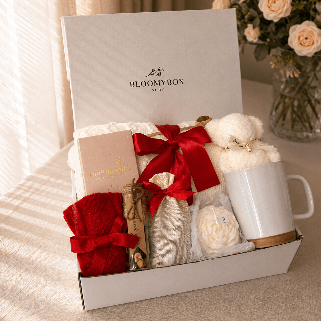 Red Bow Gift Box for Women | Cozy Care Package with Knit Blanket, Plush Teddy Bear, Rose Candle, Socks & Ceramic Mug — Ready to Gift - BloomyBoxShop